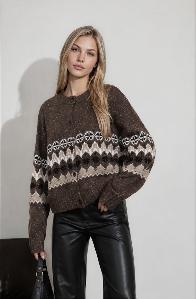 STRIPE FAIR ISLE CREW BUTTON DOWN KNIT CARDIGAN (PRE-ORDER)