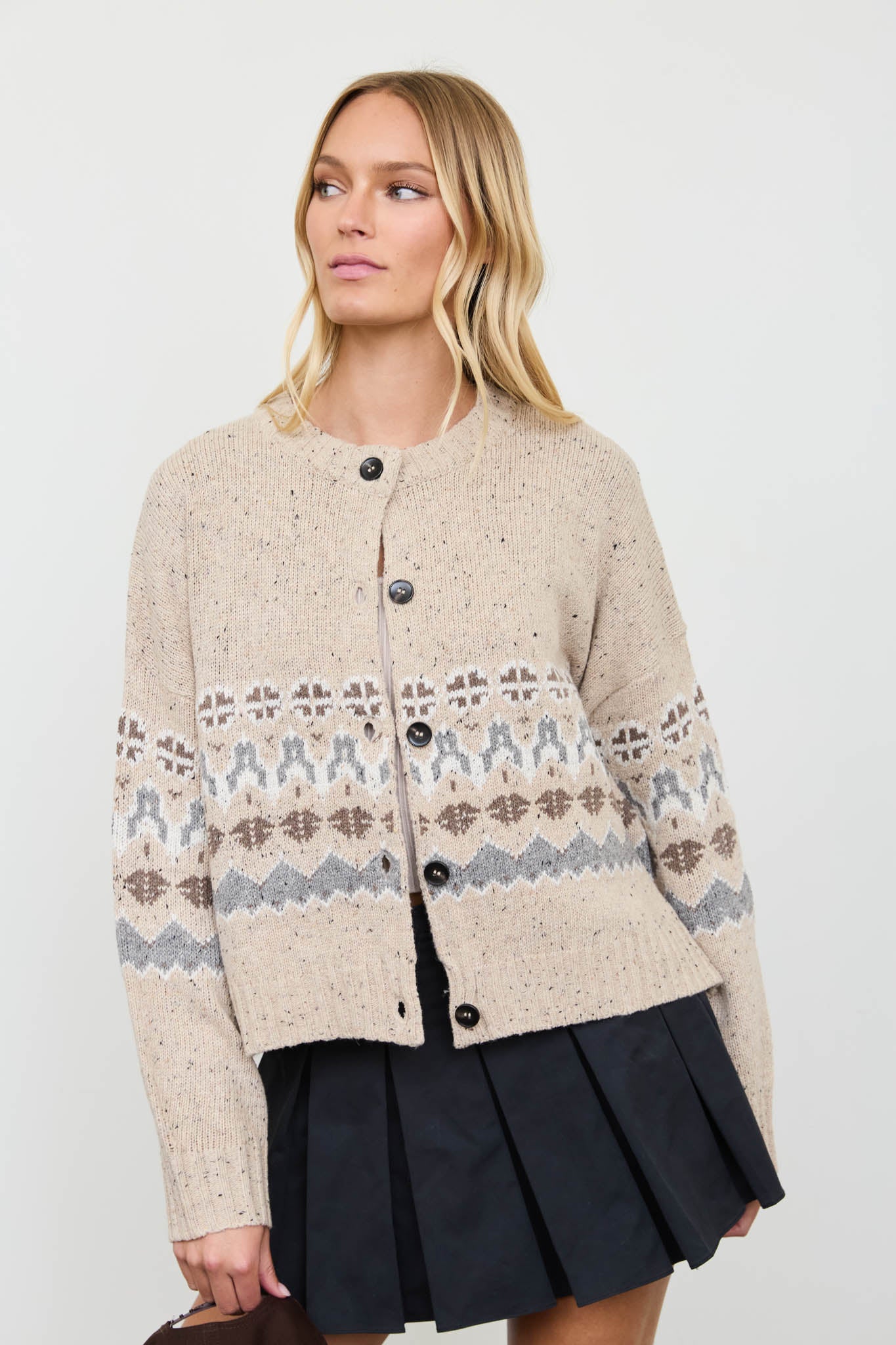 STRIPE FAIR ISLE CREW BUTTON DOWN KNIT CARDIGAN (PRE-ORDER)