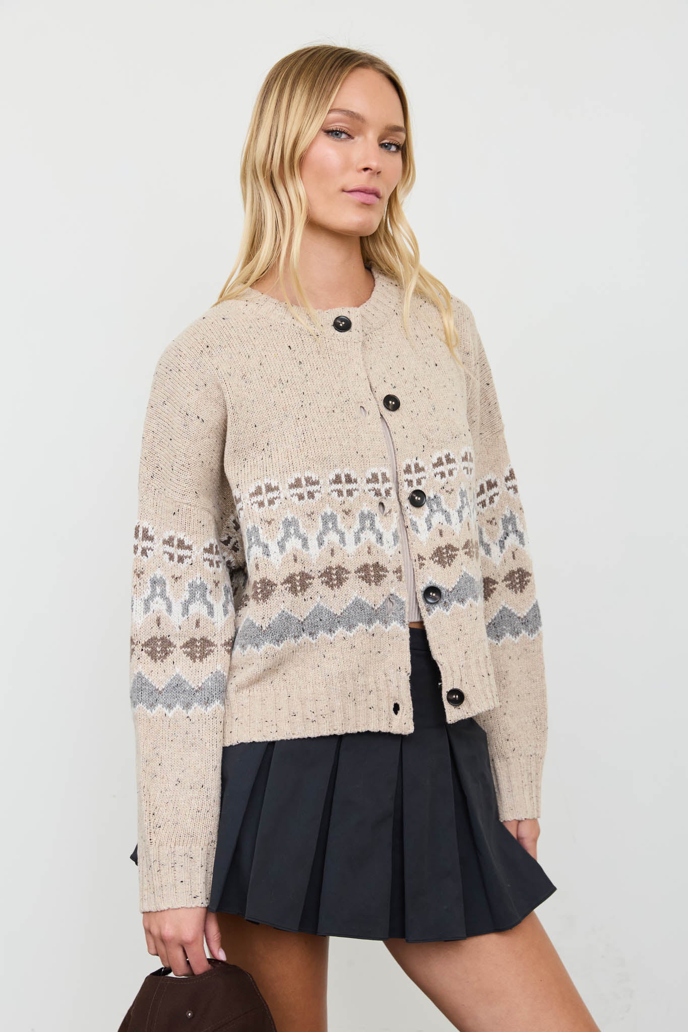 STRIPE FAIR ISLE CREW BUTTON DOWN KNIT CARDIGAN (PRE-ORDER)