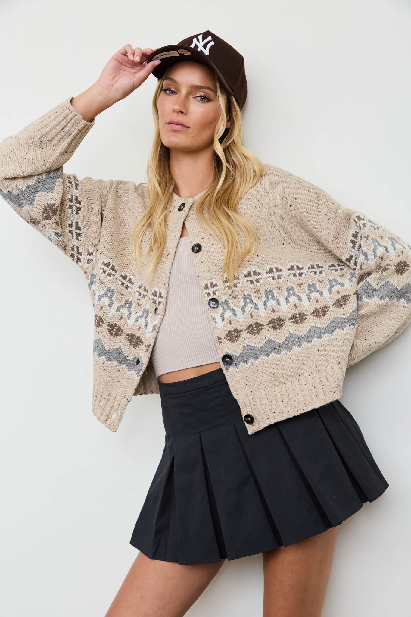 STRIPE FAIR ISLE CREW BUTTON DOWN KNIT CARDIGAN (PRE-ORDER)
