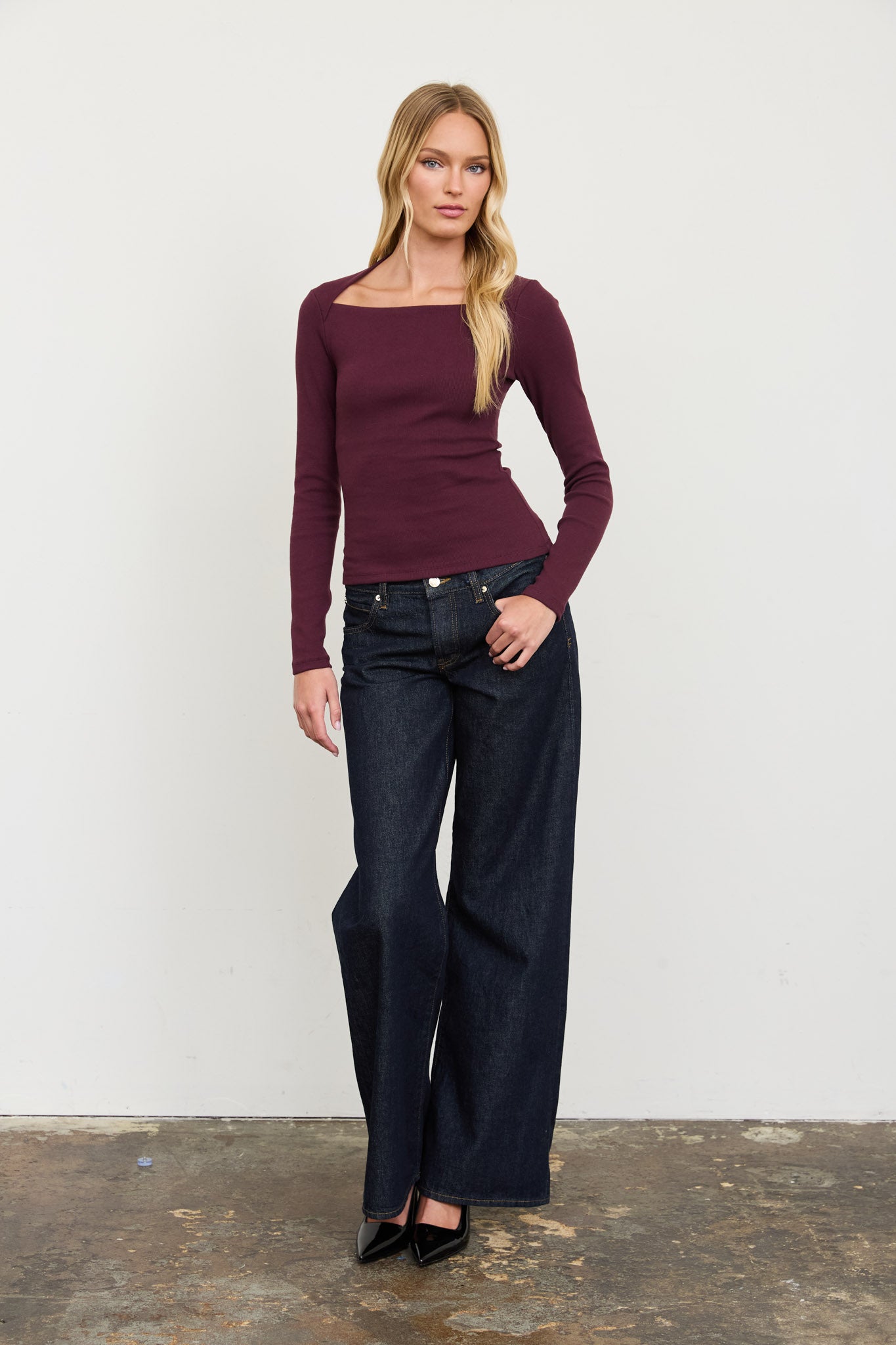 BOAT ENVELOPE NECK LONG SLEEVE KNIT TOP