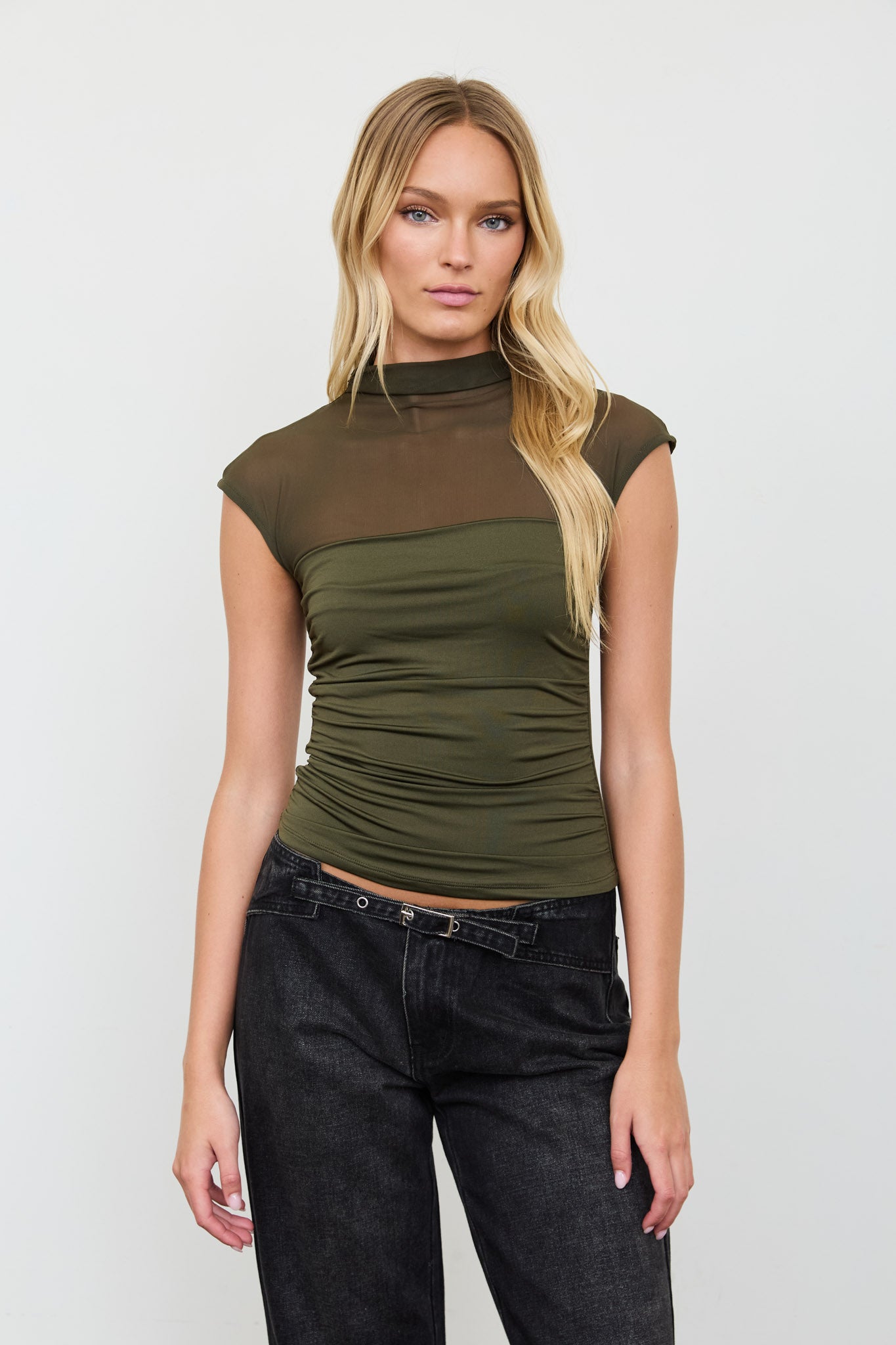 SHEER YOKE MOCK NECK RUCHED SHORT SLEEVE KNIT TOP