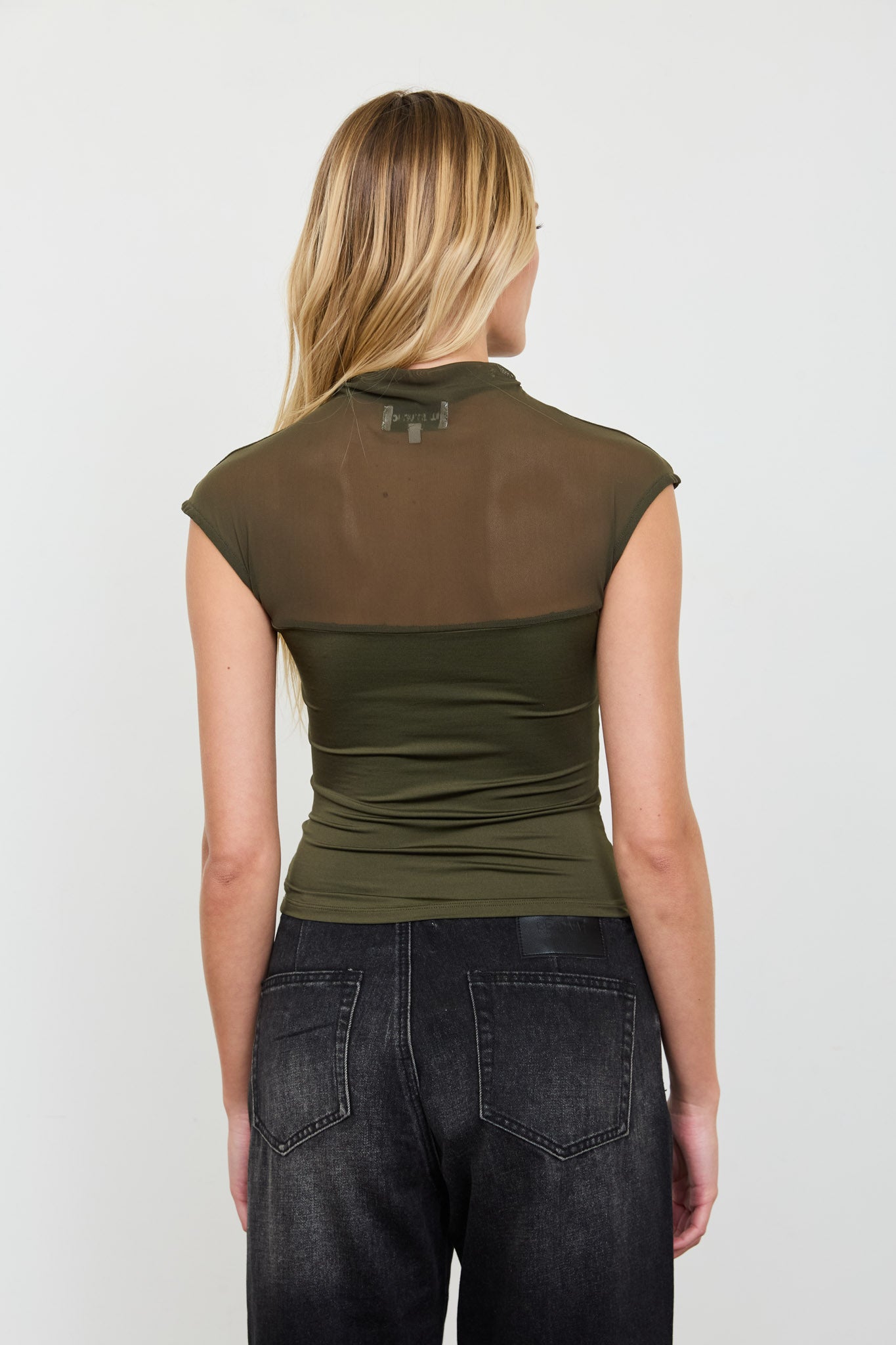 SHEER YOKE MOCK NECK RUCHED SHORT SLEEVE KNIT TOP