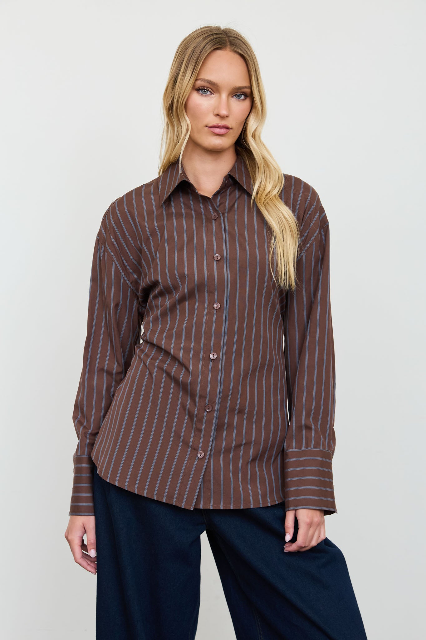 STRIPE BUTTON DOWN BACK LACE UP SHIRT