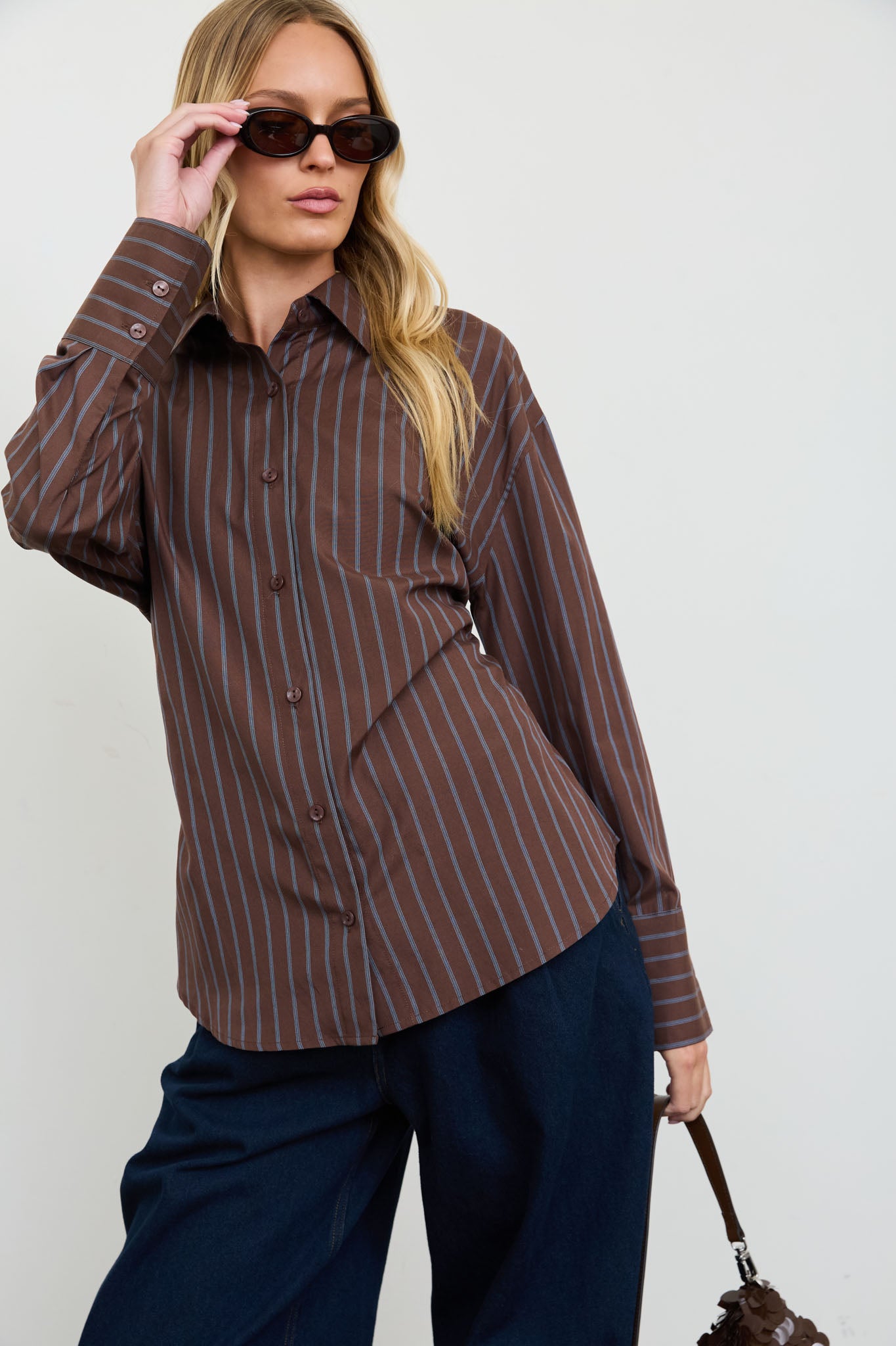 STRIPE BUTTON DOWN BACK LACE UP SHIRT