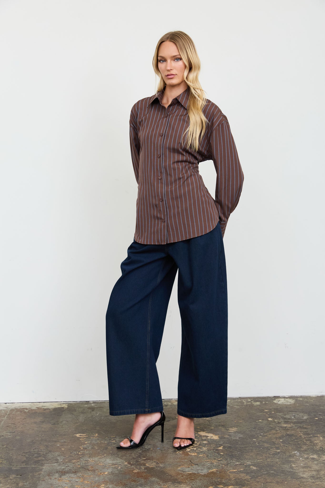 STRIPE BUTTON DOWN BACK LACE UP SHIRT