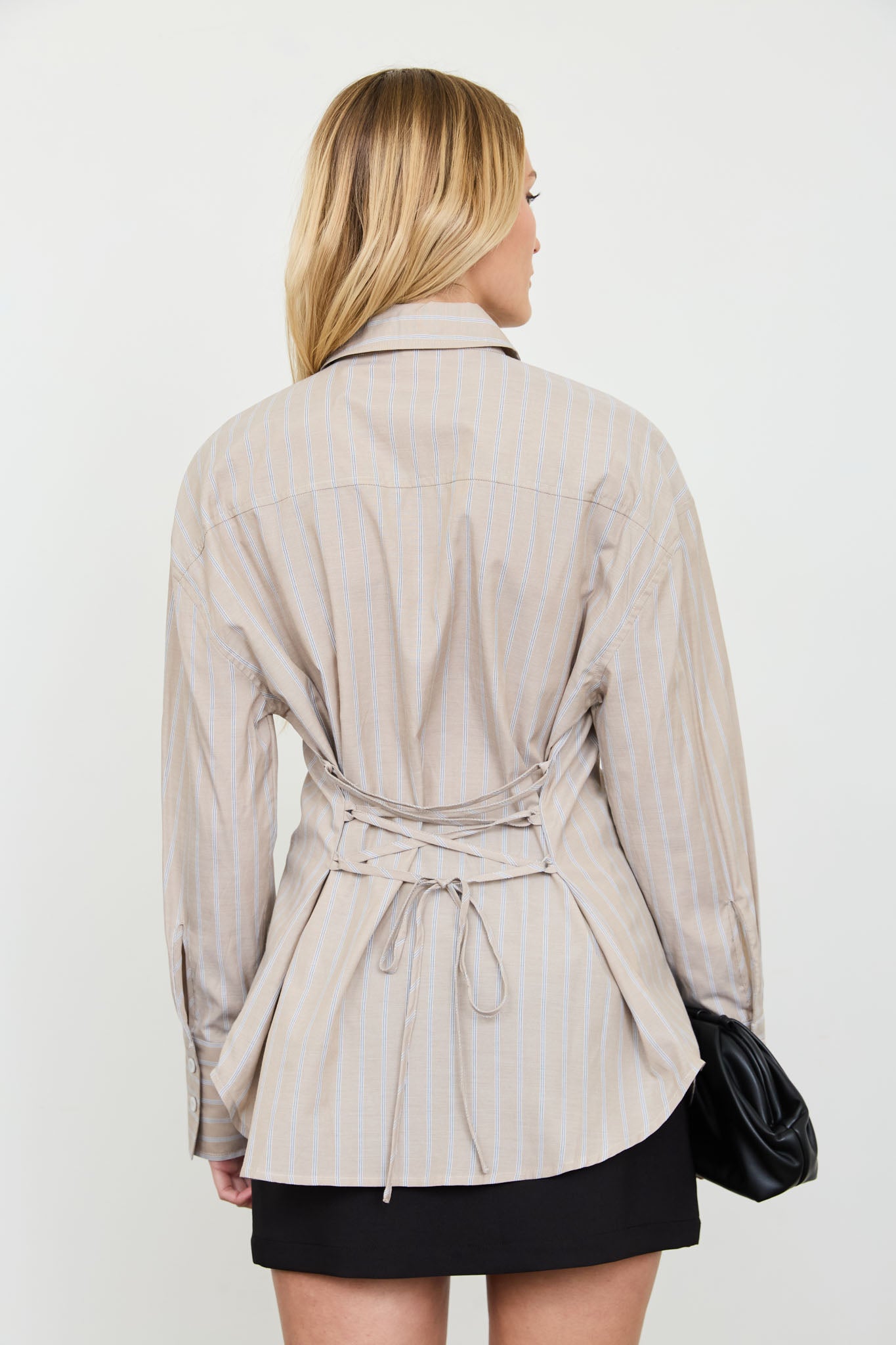 STRIPE BUTTON DOWN BACK LACE UP SHIRT