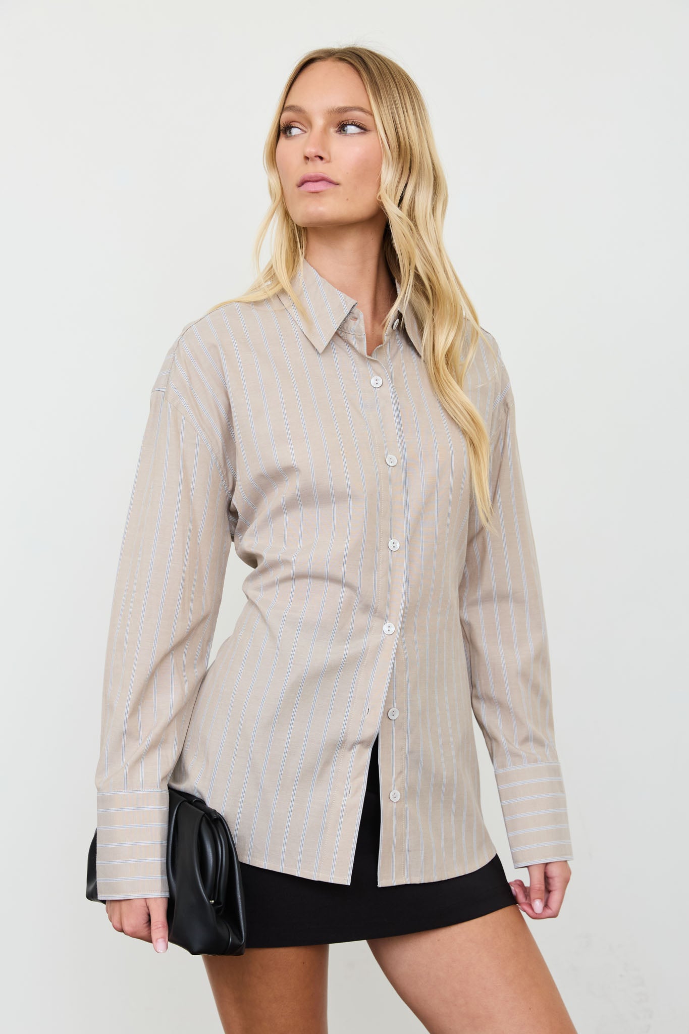 STRIPE BUTTON DOWN BACK LACE UP SHIRT