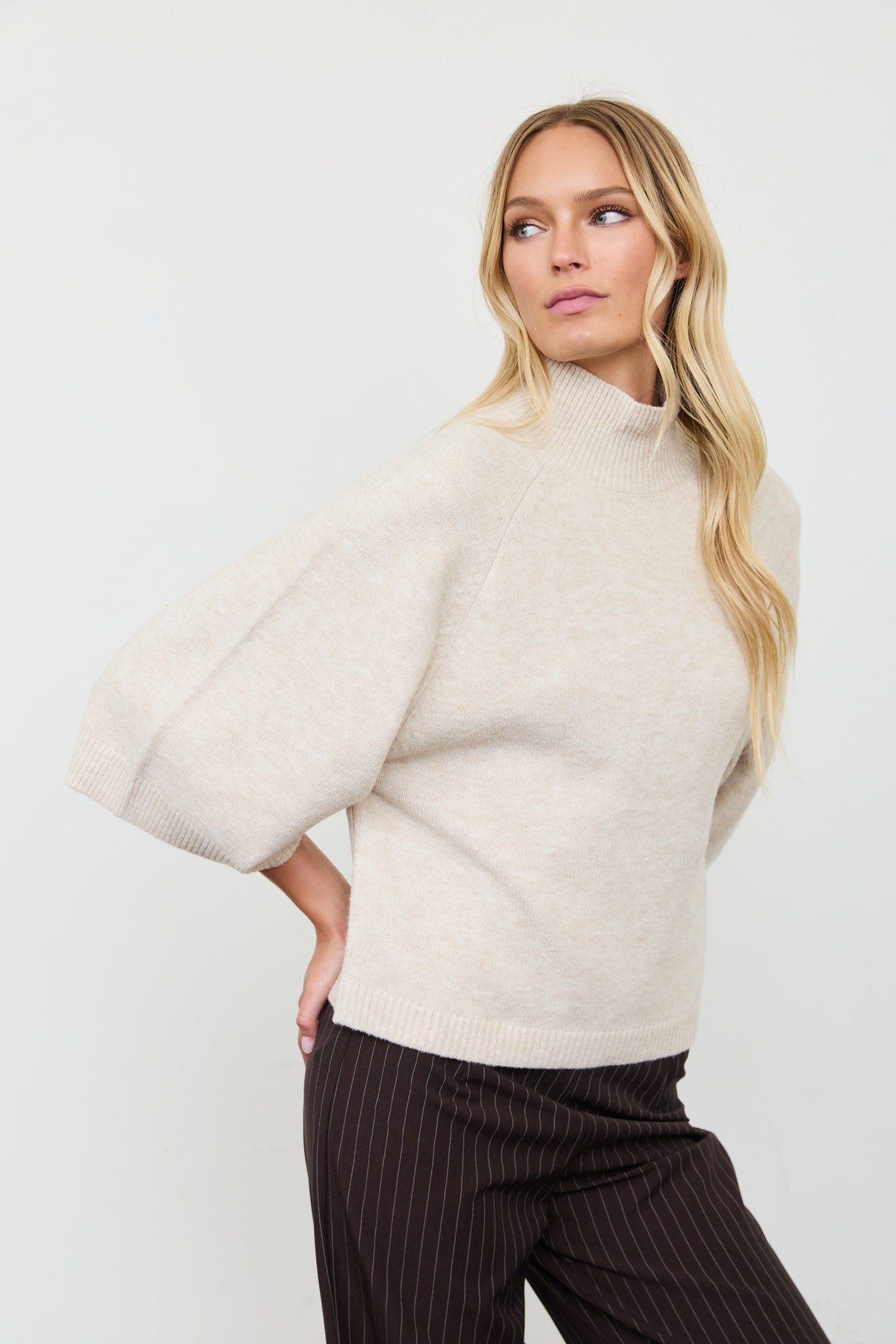 MARLED MOCK NECK BOXY FIT 3/4 SLEEVE KNIT SWEATER (PRE-ORDER)