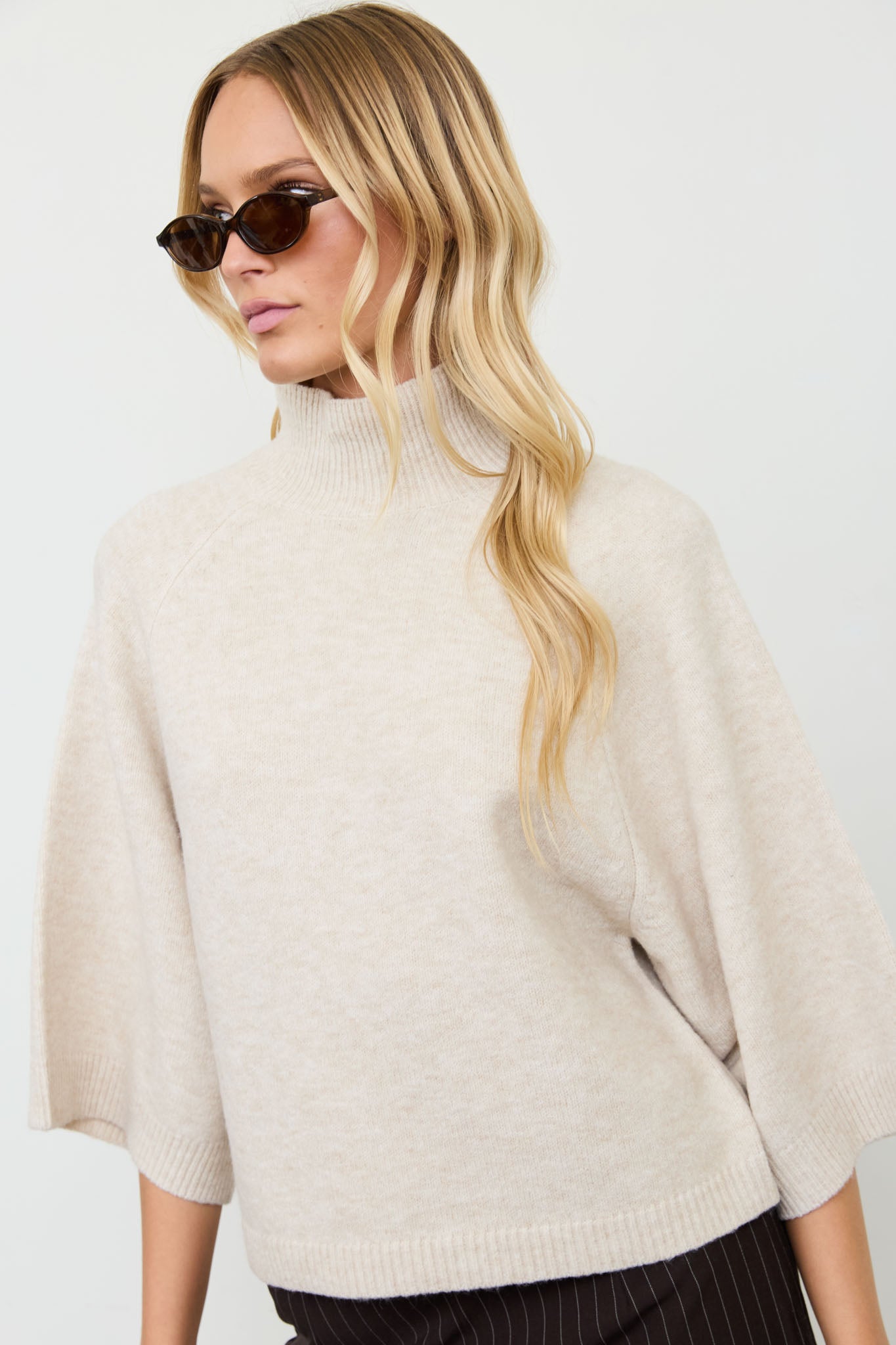 MARLED MOCK NECK BOXY FIT 3/4 SLEEVE KNIT SWEATER (PRE-ORDER)