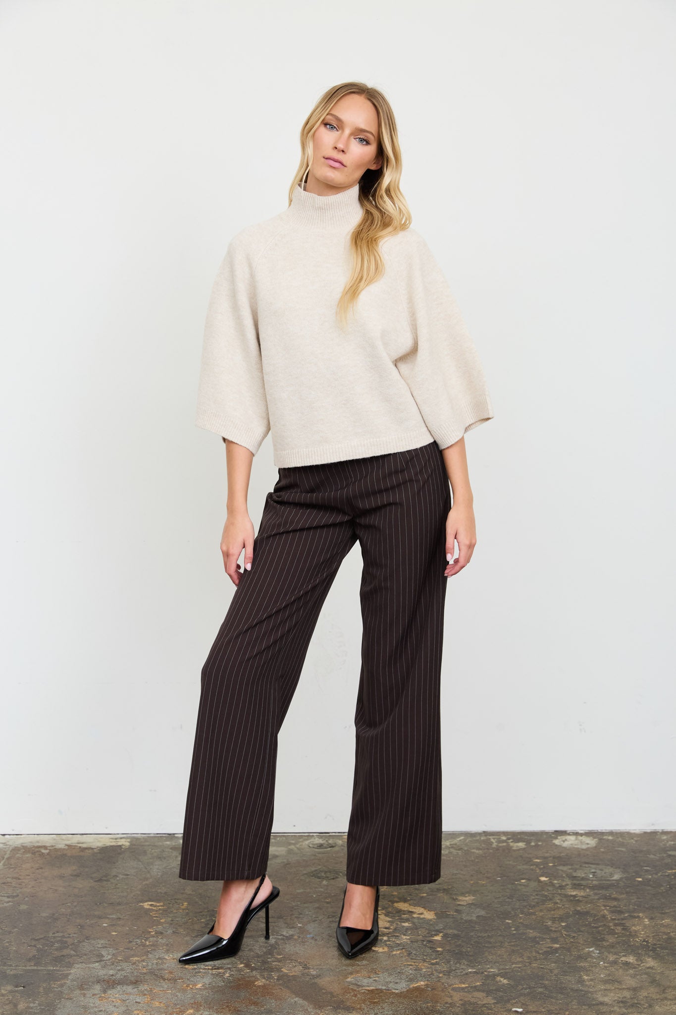 MARLED MOCK NECK BOXY FIT 3/4 SLEEVE KNIT SWEATER (PRE-ORDER)