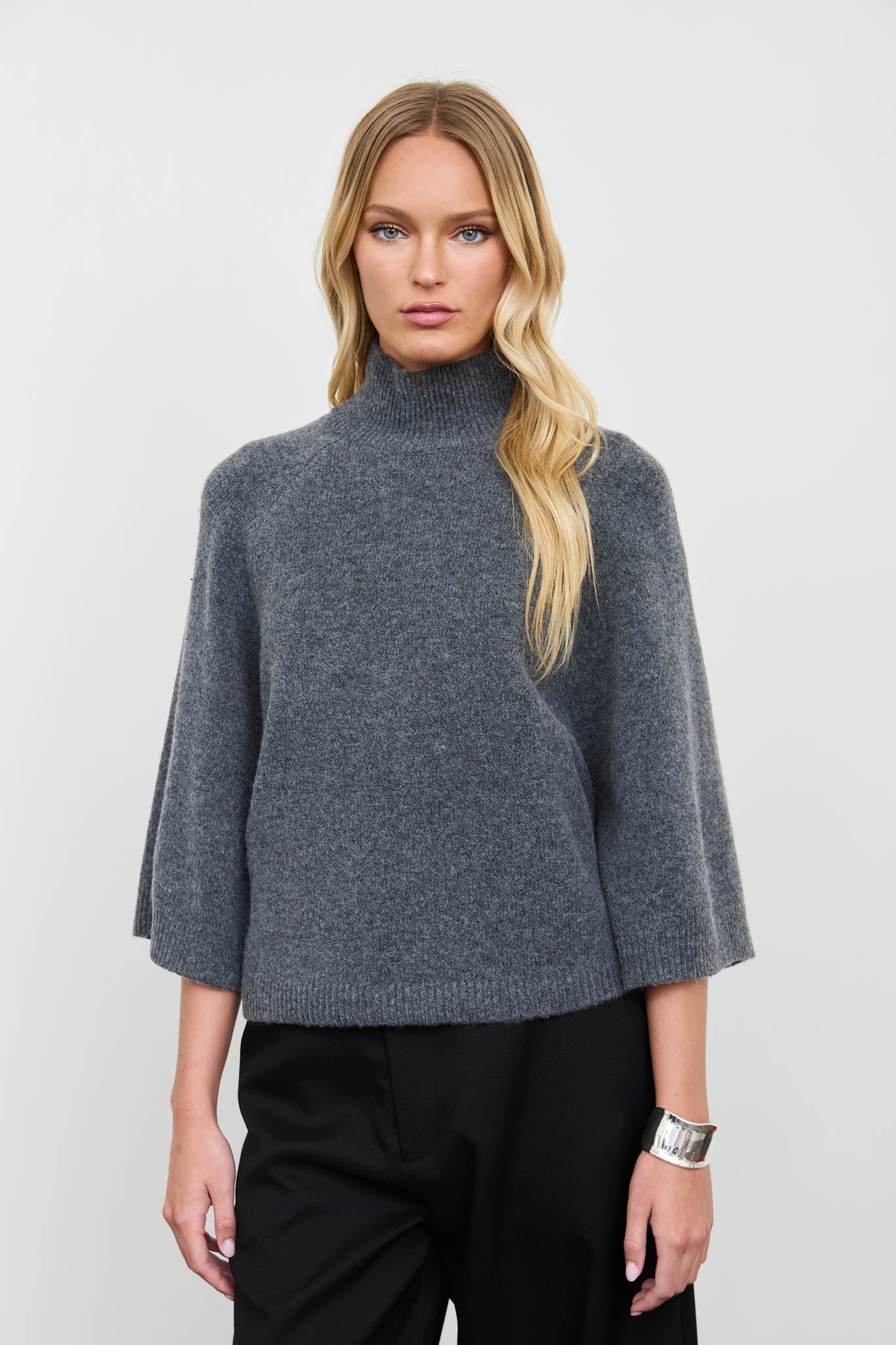 MARLED MOCK NECK BOXY FIT 3/4 SLEEVE KNIT SWEATER (PRE-ORDER)