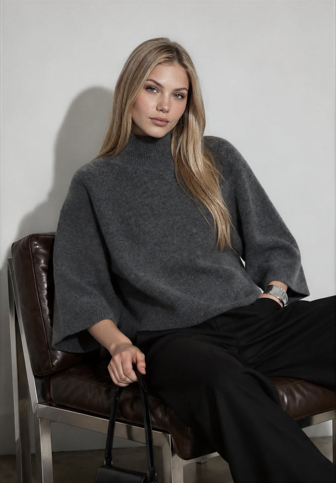 MARLED MOCK NECK BOXY FIT 3/4 SLEEVE KNIT SWEATER (PRE-ORDER)