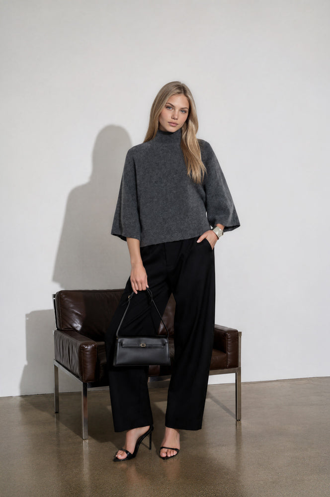 MARLED MOCK NECK BOXY FIT 3/4 SLEEVE KNIT SWEATER (PRE-ORDER)