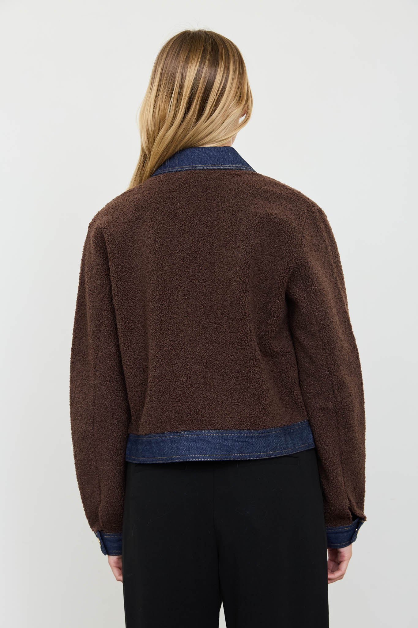 DENIM TRIM SHERPA CROPPED JACKET (PRE-ORDER)