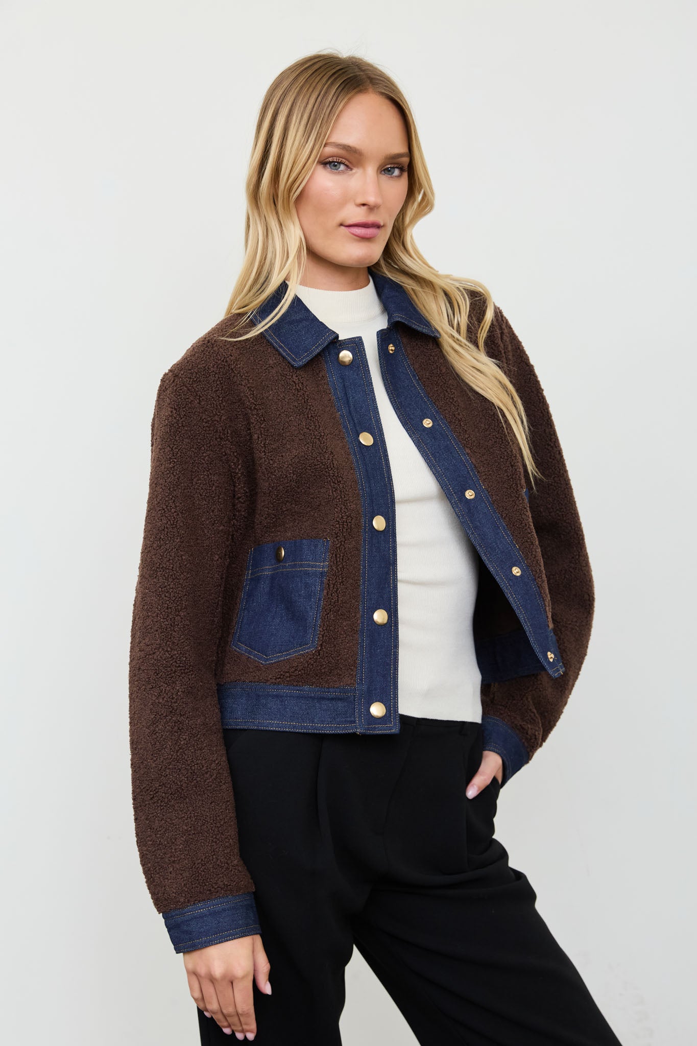 DENIM TRIM SHERPA CROPPED JACKET (PRE-ORDER)