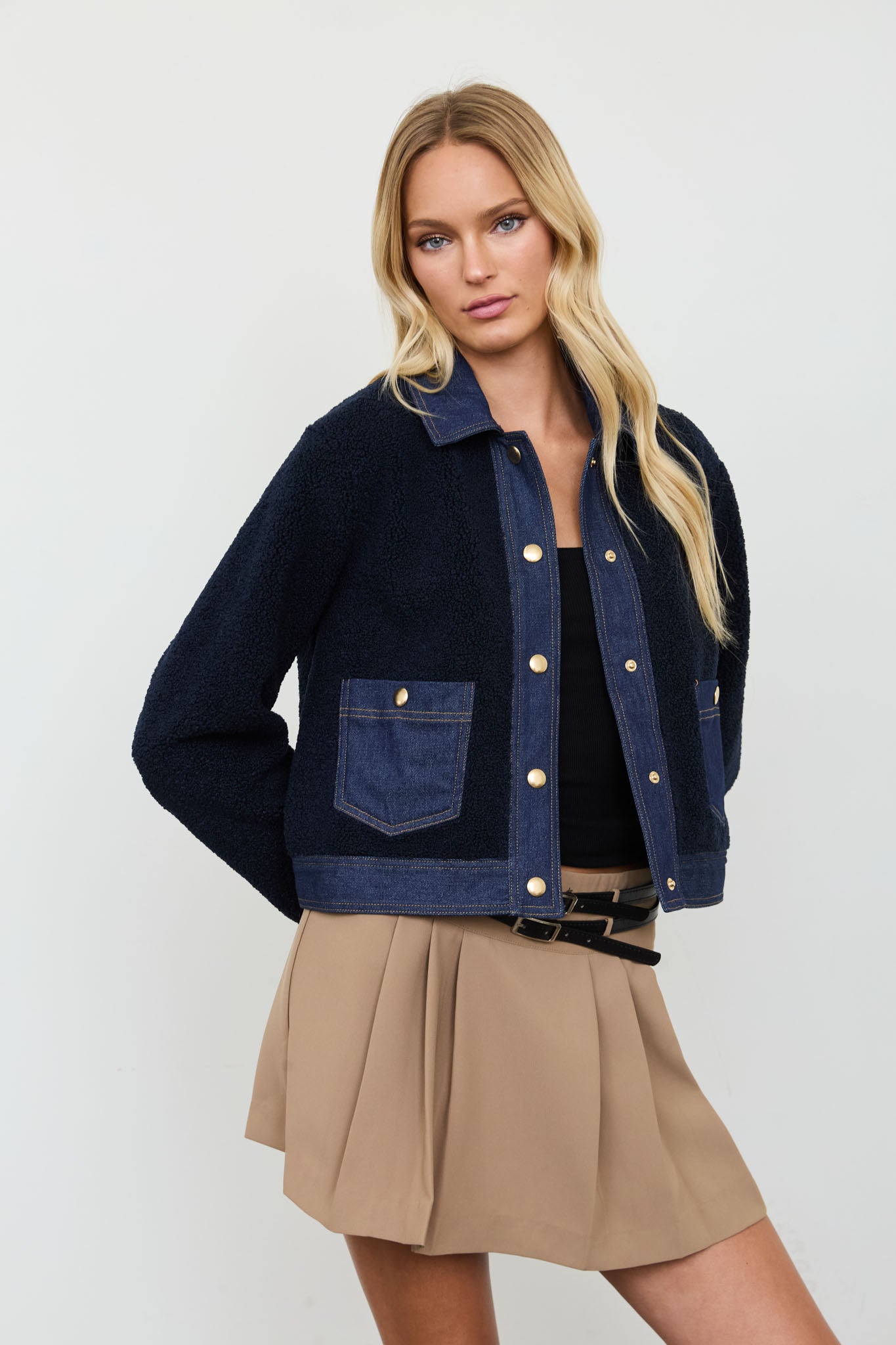 DENIM TRIM SHERPA CROPPED JACKET (PRE-ORDER)