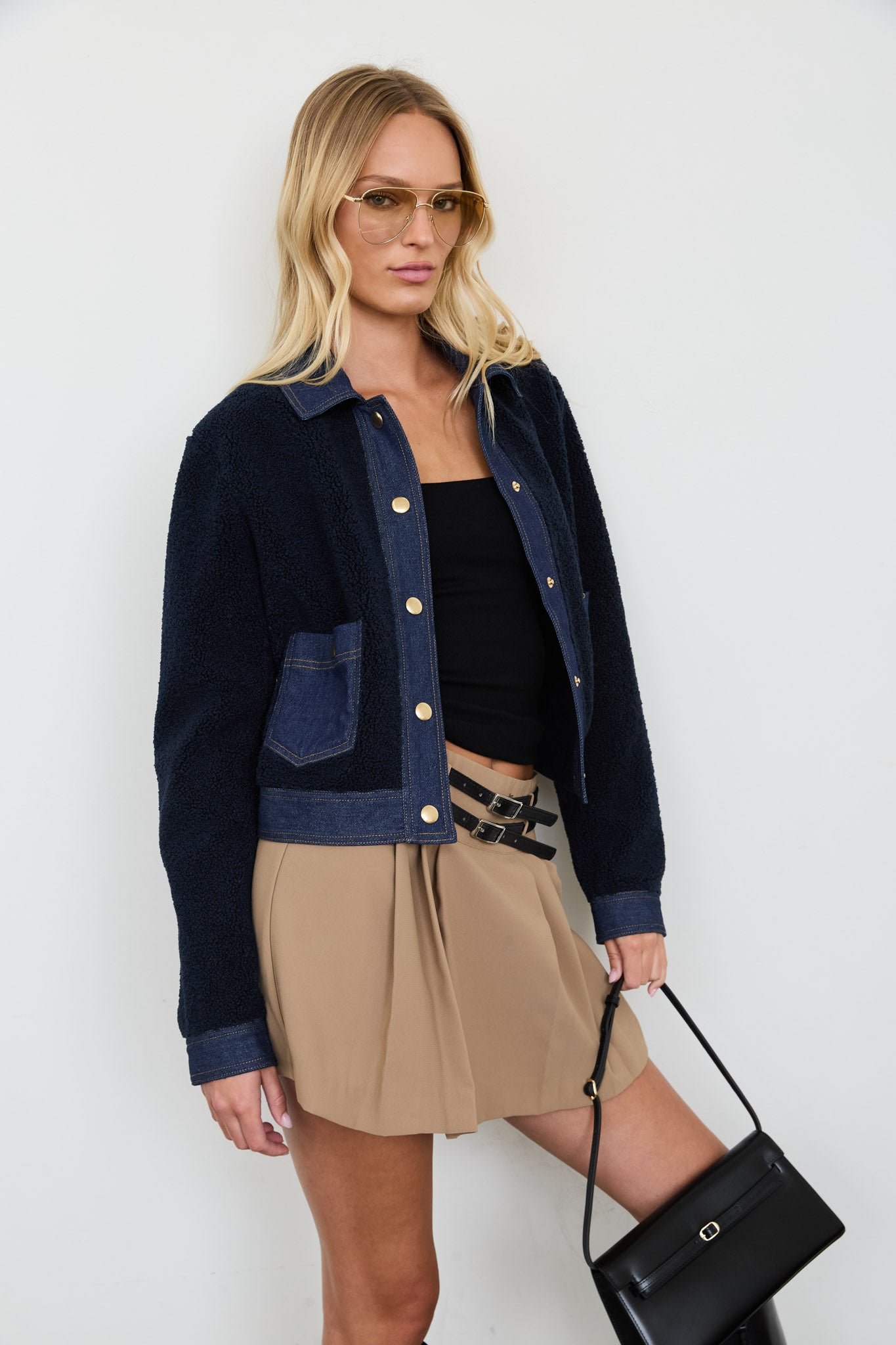 DENIM TRIM SHERPA CROPPED JACKET (PRE-ORDER)