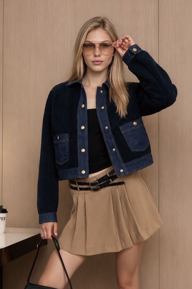 DENIM TRIM SHERPA CROPPED JACKET (PRE-ORDER)