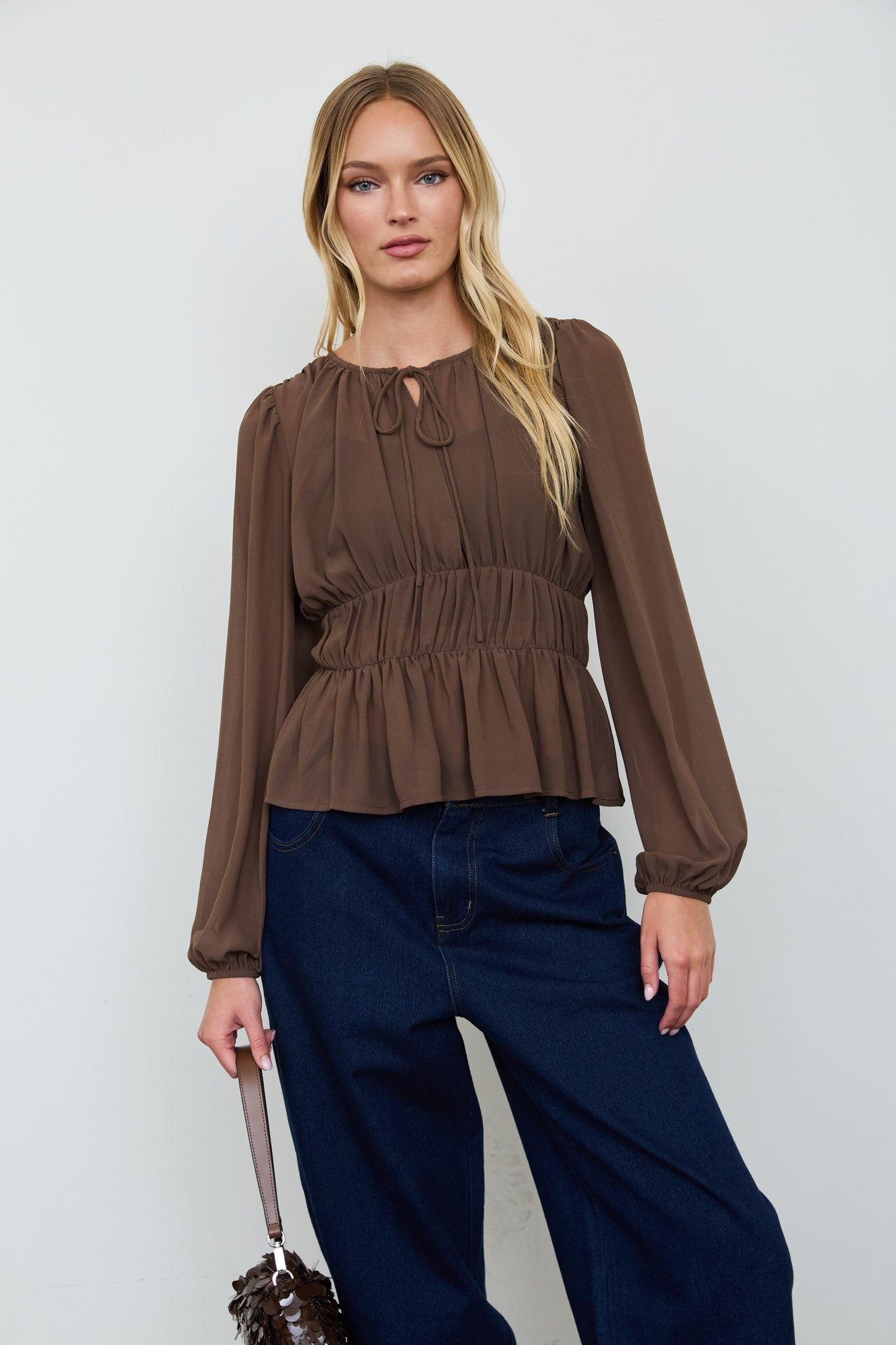 GATHERED TIE-NECK PEPLUM LONG SLEEVE TOP