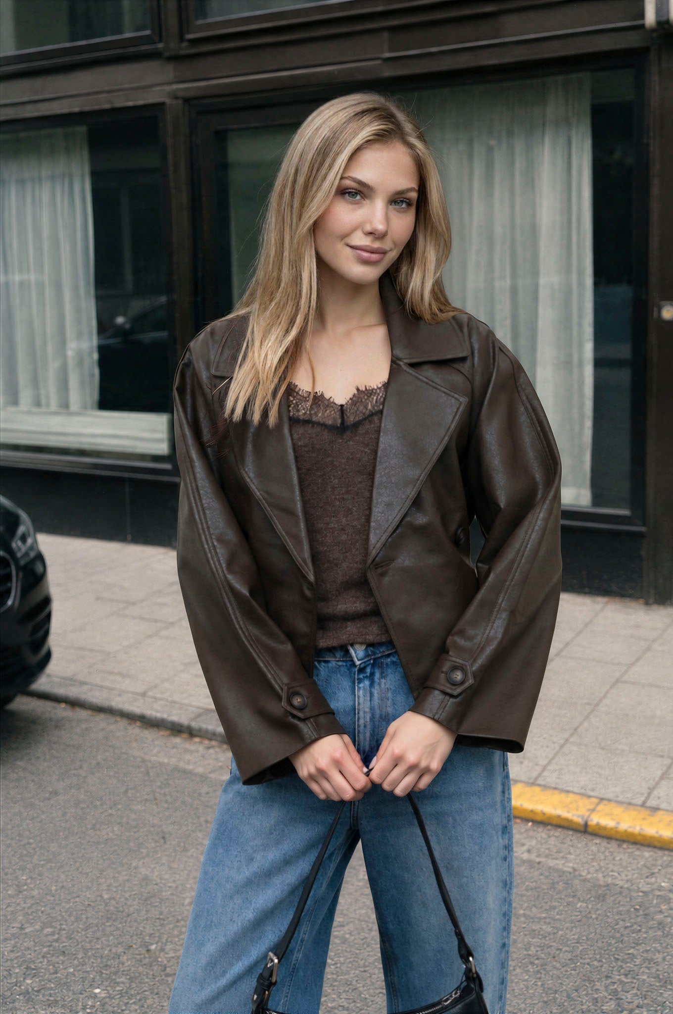 FAUX LEATHER STAND COLLAR WAIST TIE TRENCH COAT