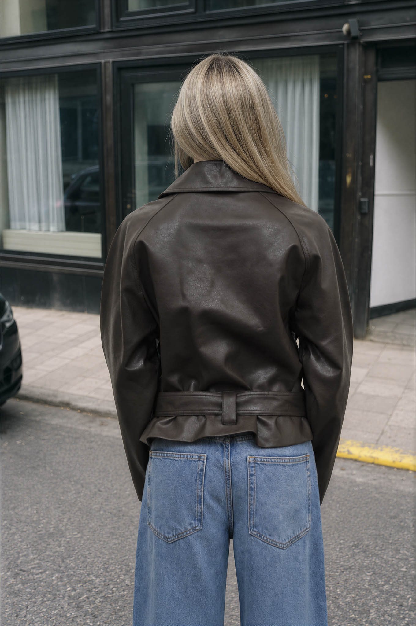 FAUX LEATHER STAND COLLAR WAIST TIE TRENCH COAT