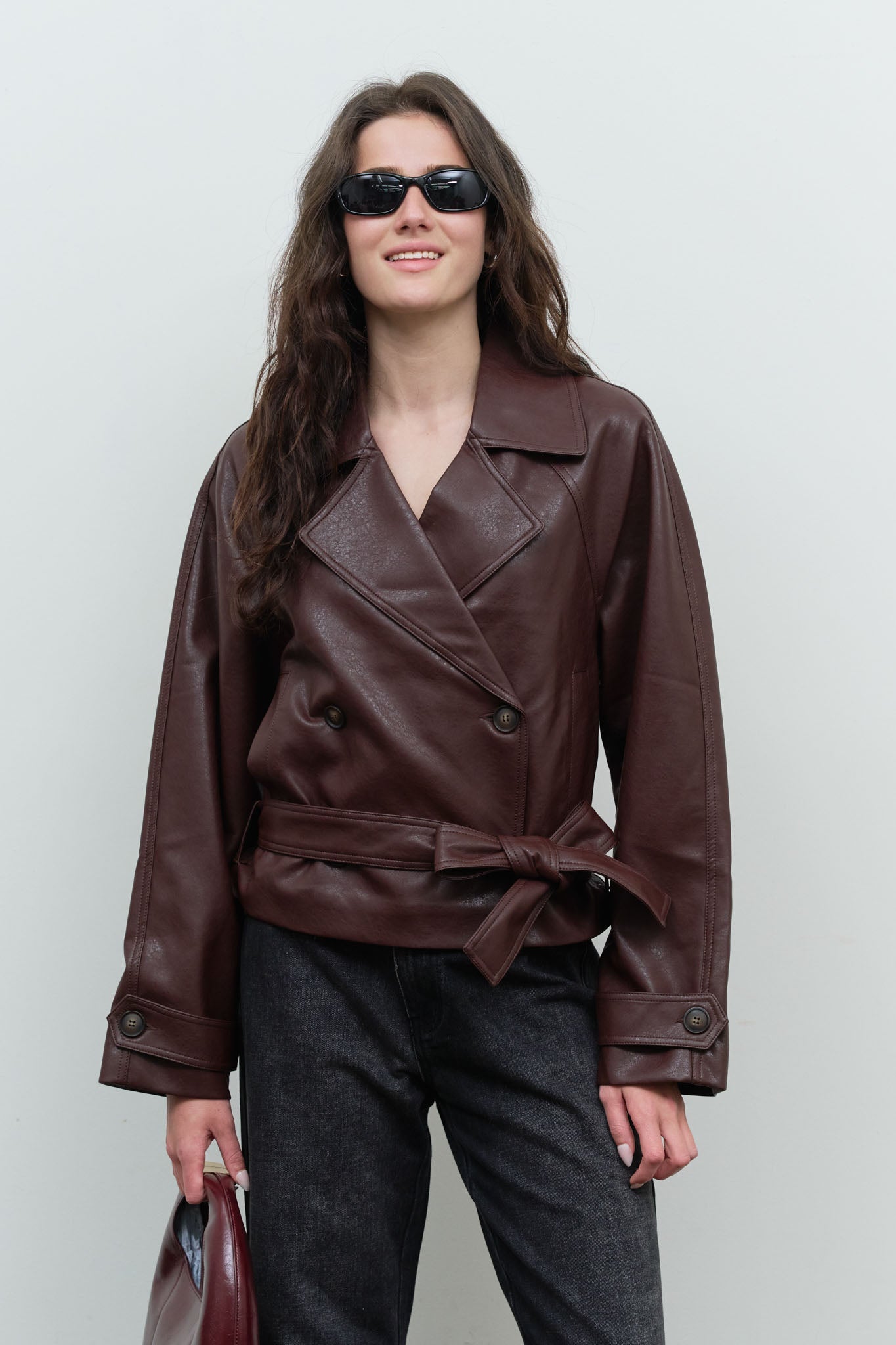 FAUX LEATHER STAND COLLAR WAIST TIE TRENCH COAT