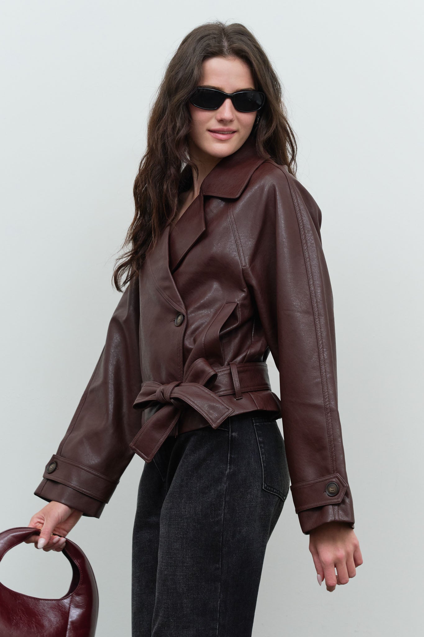 FAUX LEATHER STAND COLLAR WAIST TIE TRENCH COAT