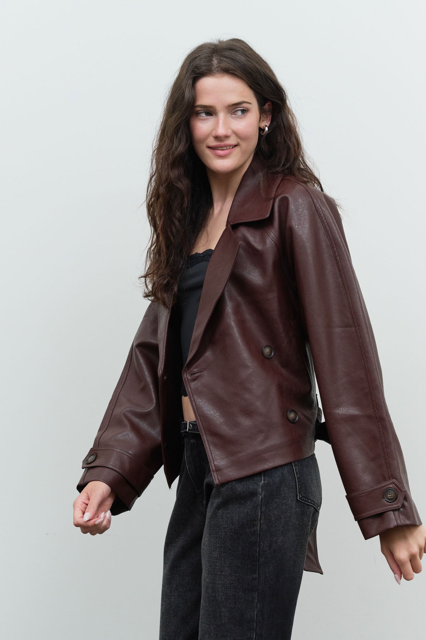 FAUX LEATHER STAND COLLAR WAIST TIE TRENCH COAT