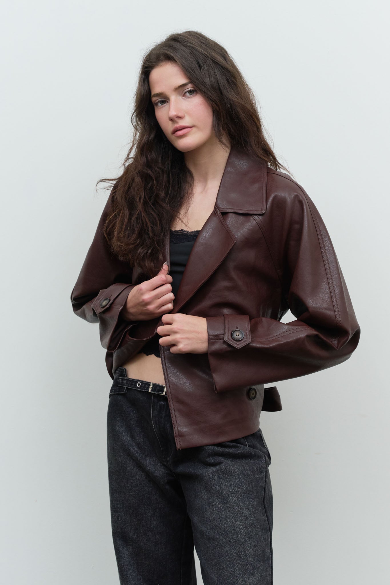 FAUX LEATHER STAND COLLAR WAIST TIE TRENCH COAT