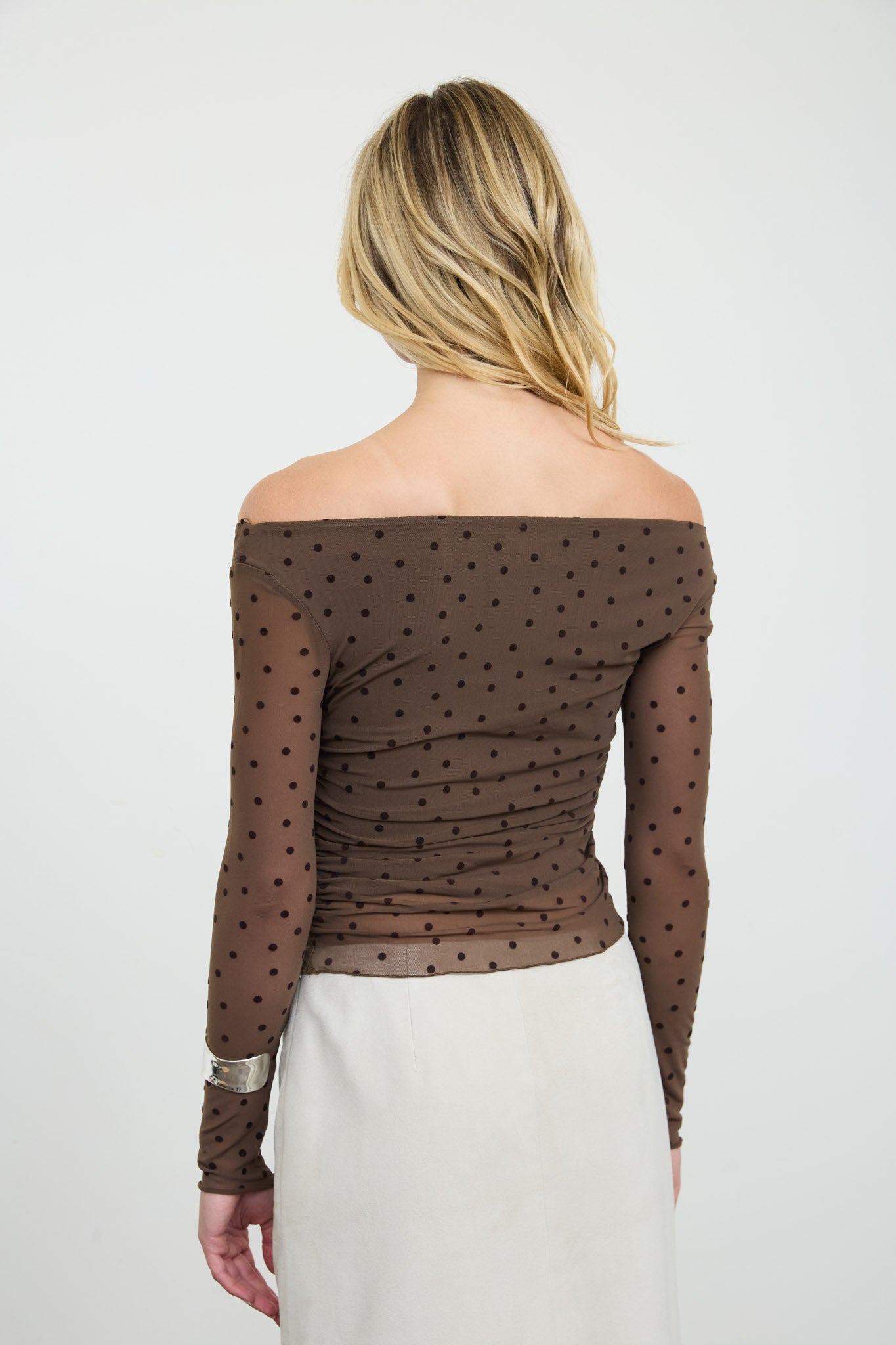 POLKA DOT MESH OFF-SHOULDER KNIT TOP