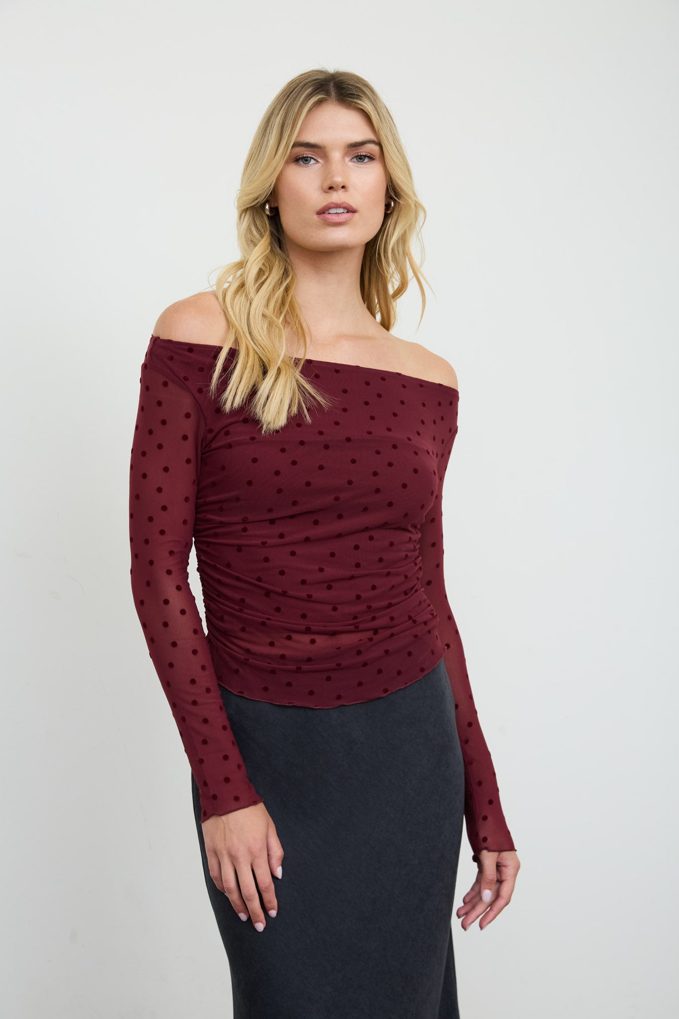 POLKA DOT MESH OFF-SHOULDER KNIT TOP