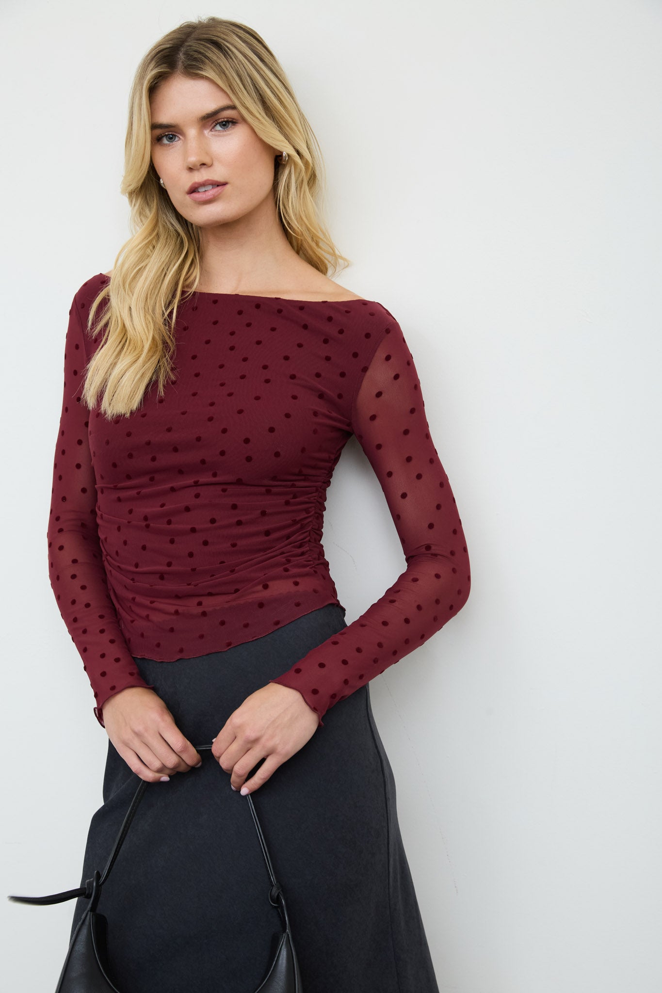 POLKA DOT MESH OFF-SHOULDER KNIT TOP