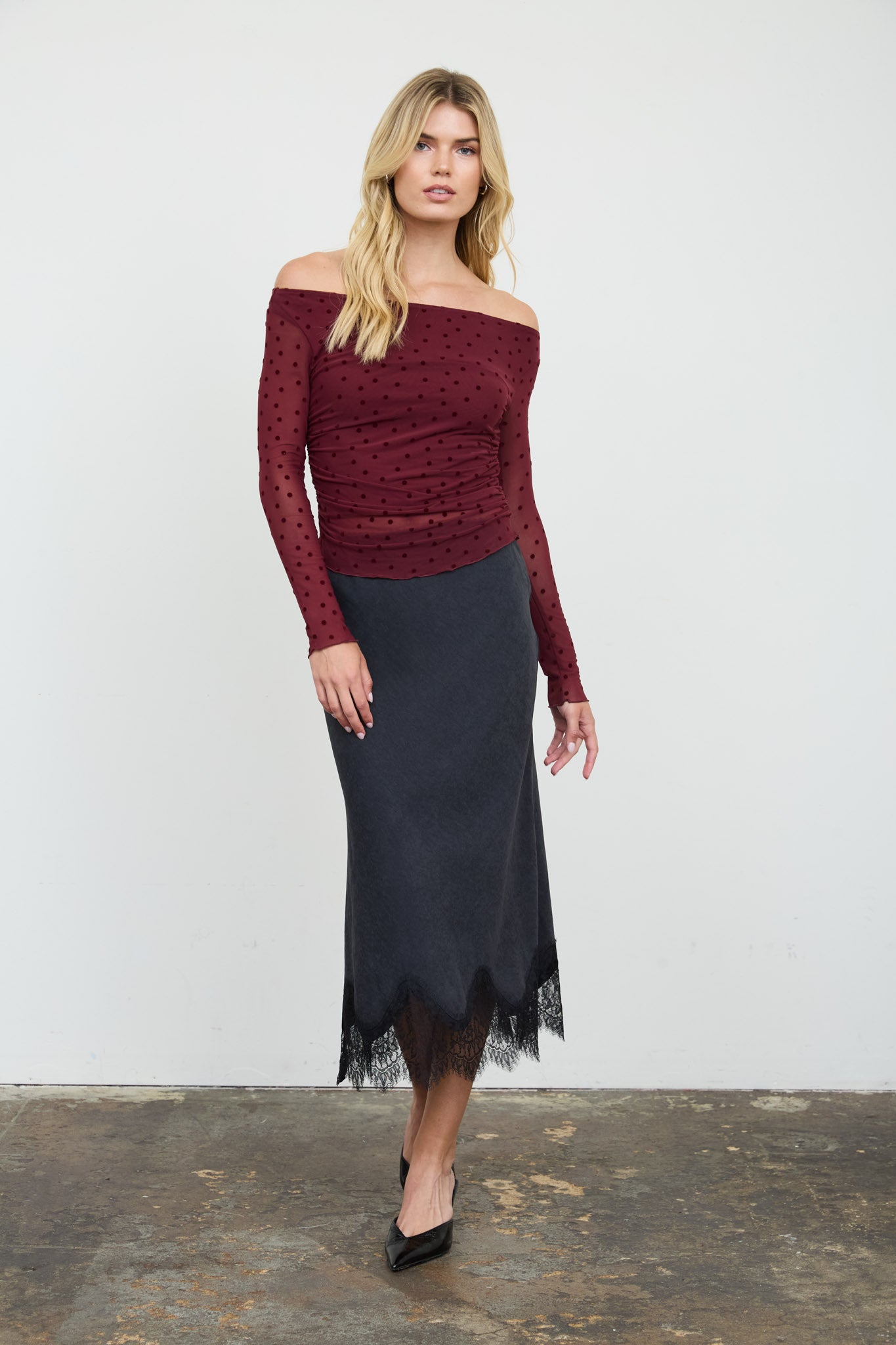 POLKA DOT MESH OFF-SHOULDER KNIT TOP