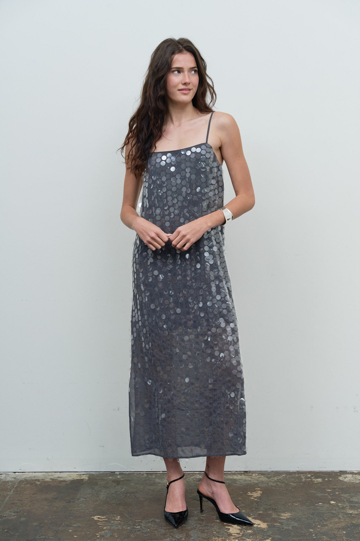 SEQUIN SPAGHETTI STRAP SLIP MIDI DRESS