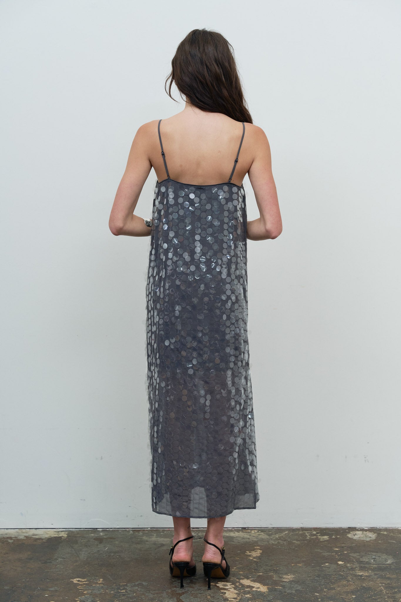 SEQUIN SPAGHETTI STRAP SLIP MIDI DRESS