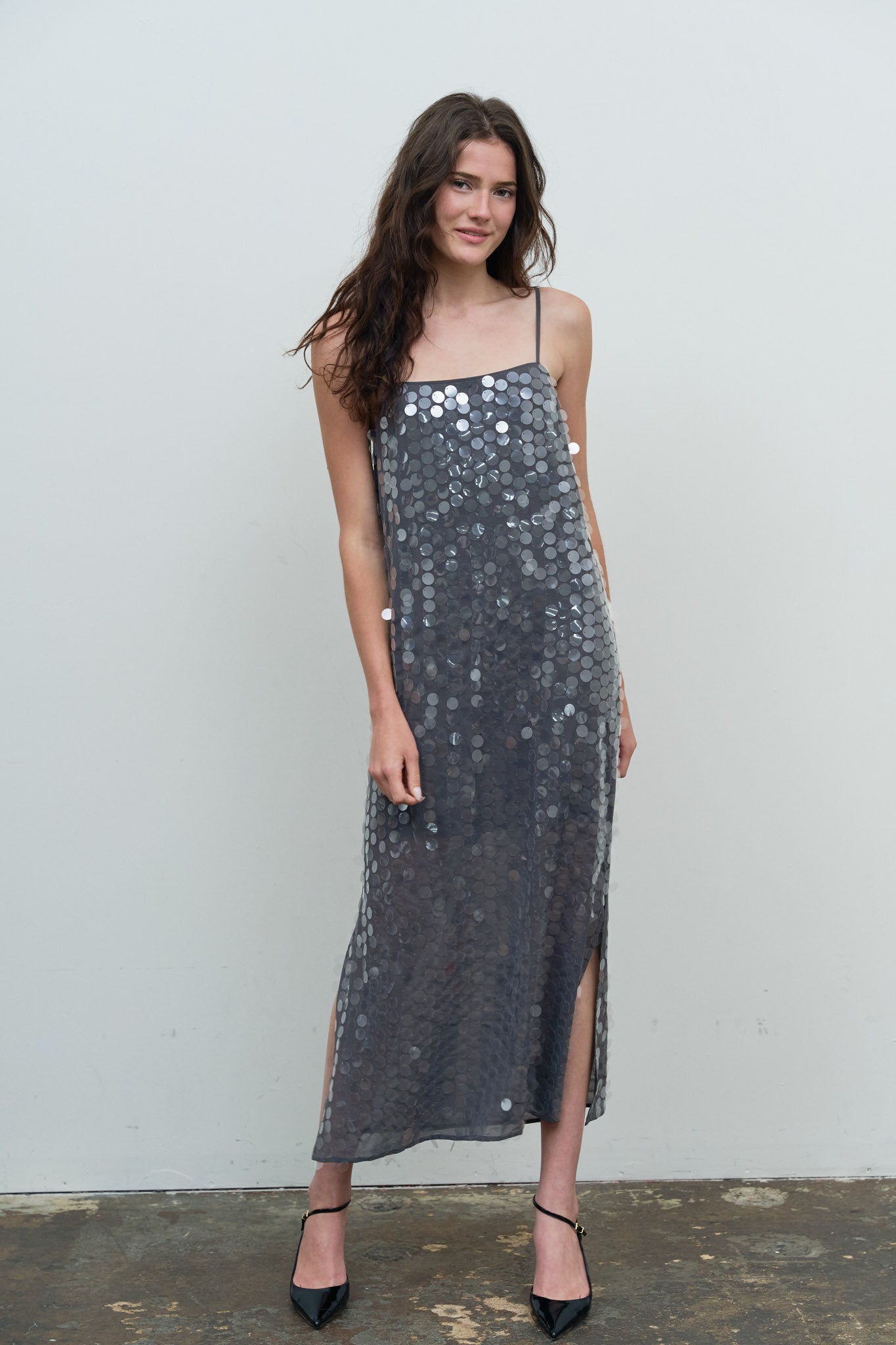 SEQUIN SPAGHETTI STRAP SLIP MIDI DRESS
