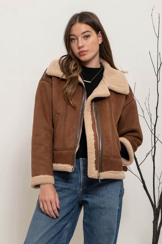 CONTRAST FAUX SHEARLING JACKET