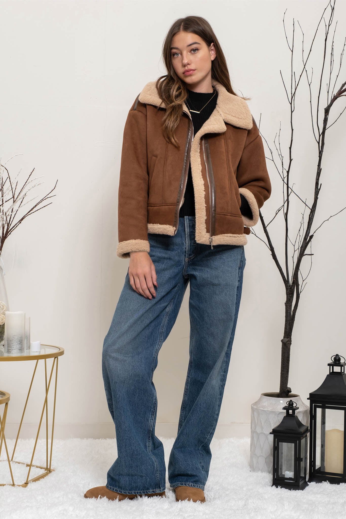 CONTRAST FAUX SHEARLING JACKET