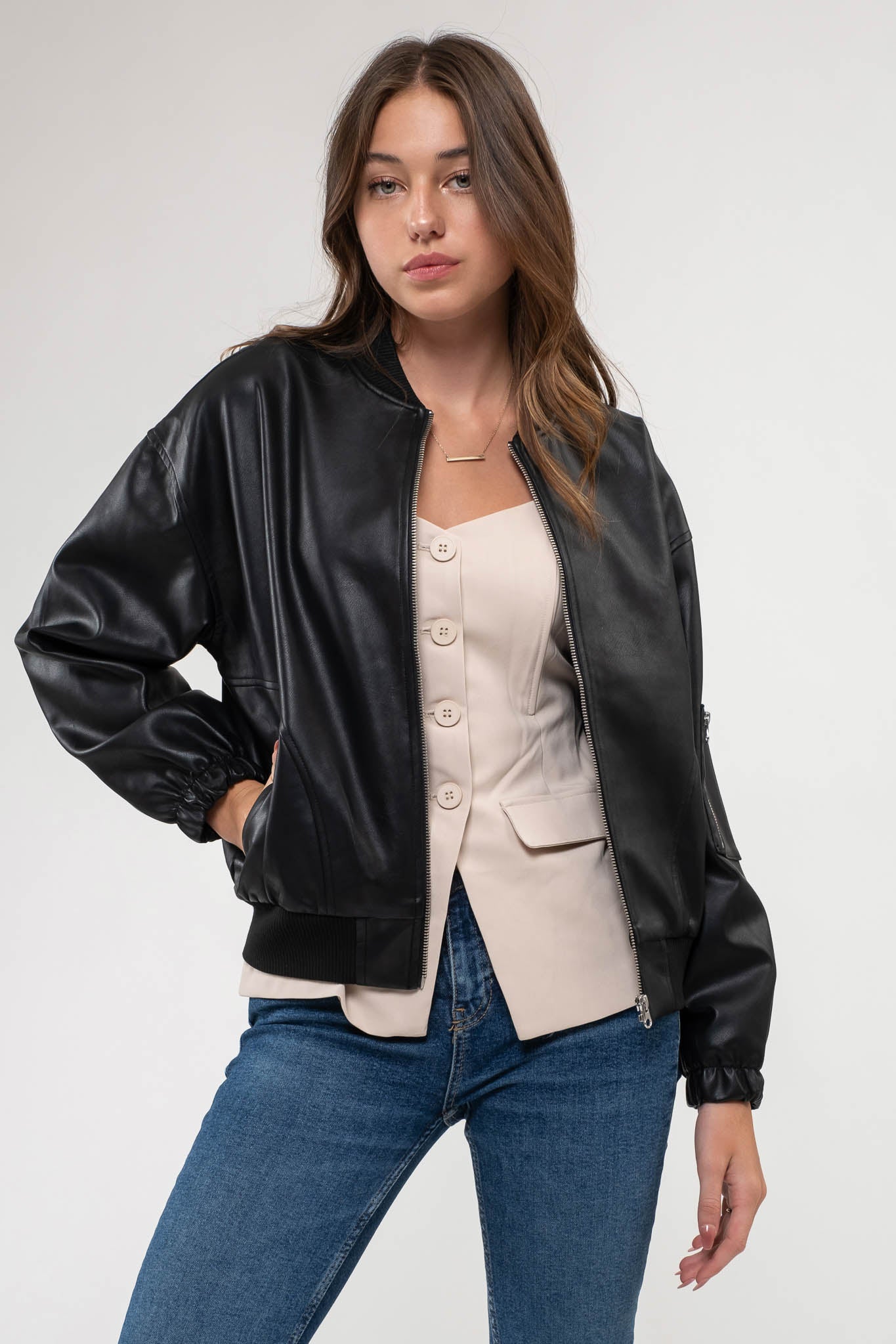 ZIP UP FAUX LEATHER BOMBER JACKET