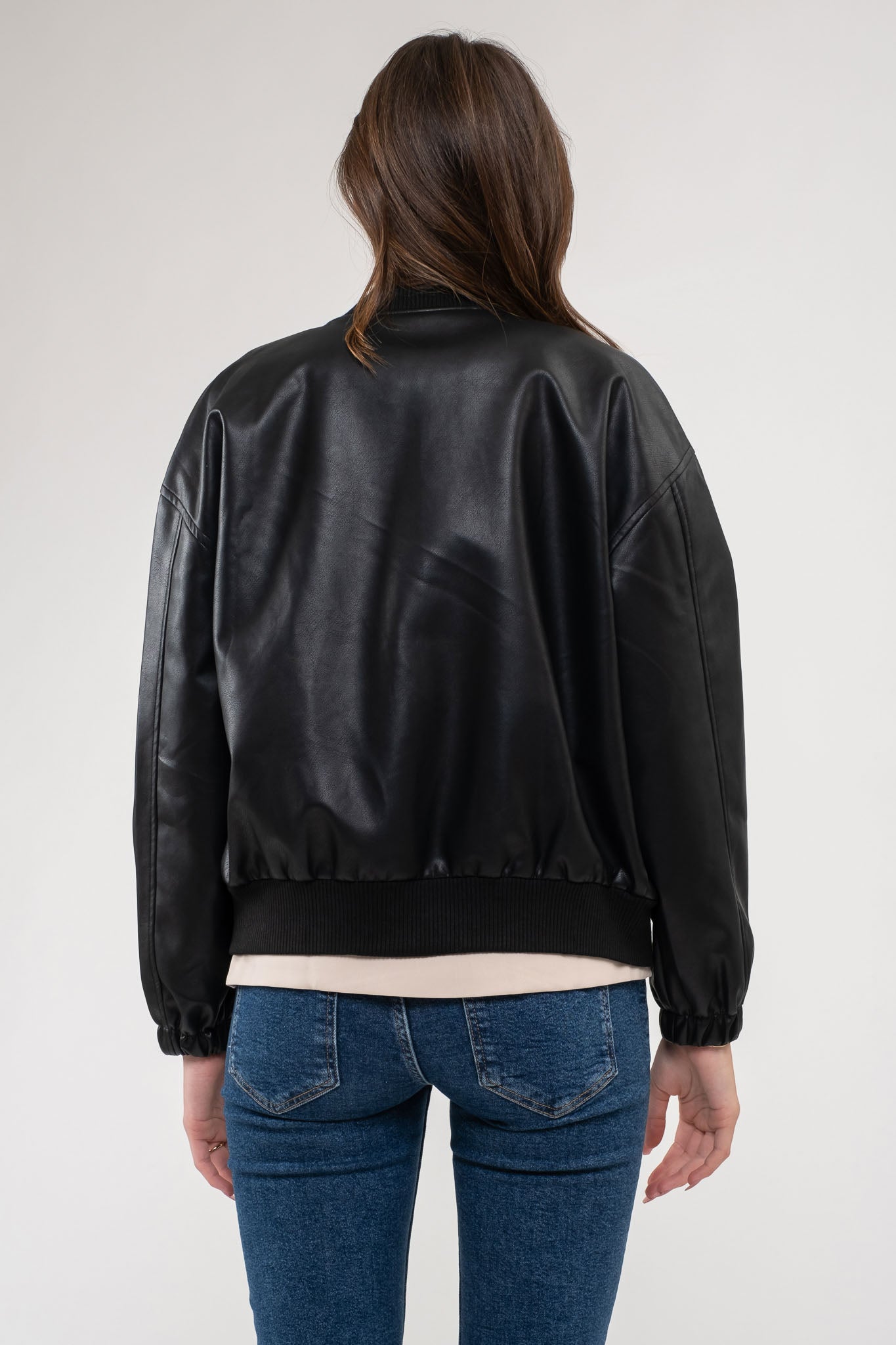 ZIP UP FAUX LEATHER BOMBER JACKET (PRE-ORDER)