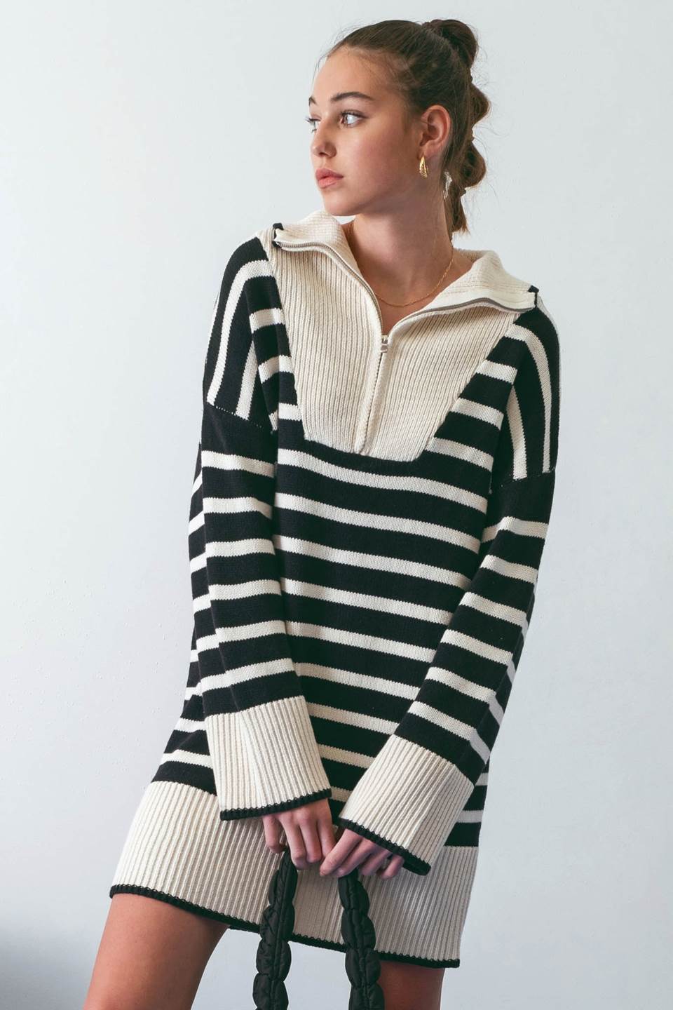 STRIPED COLLARED KNIT SWEATER DRESS