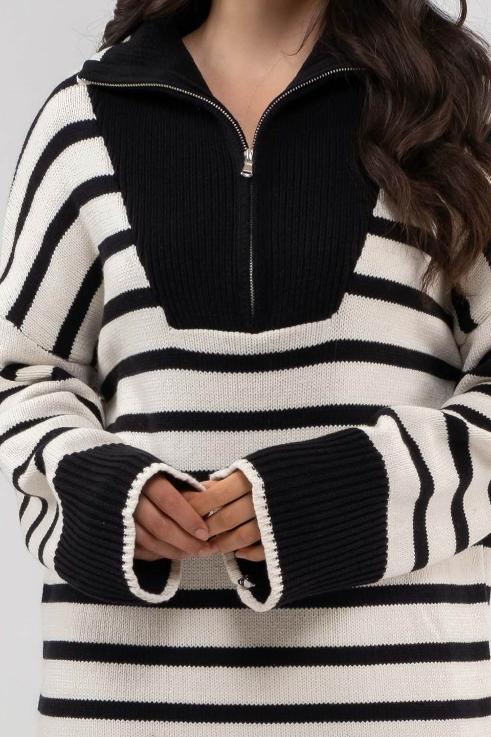 STRIPED COLLARED KNIT SWEATER DRESS