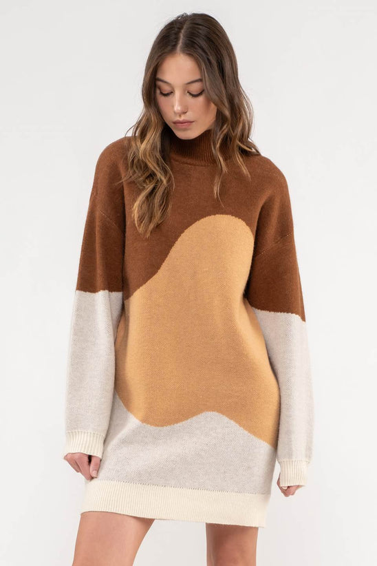 COLORBLOCK MOCK NECK KNIT SWEATER DRESS