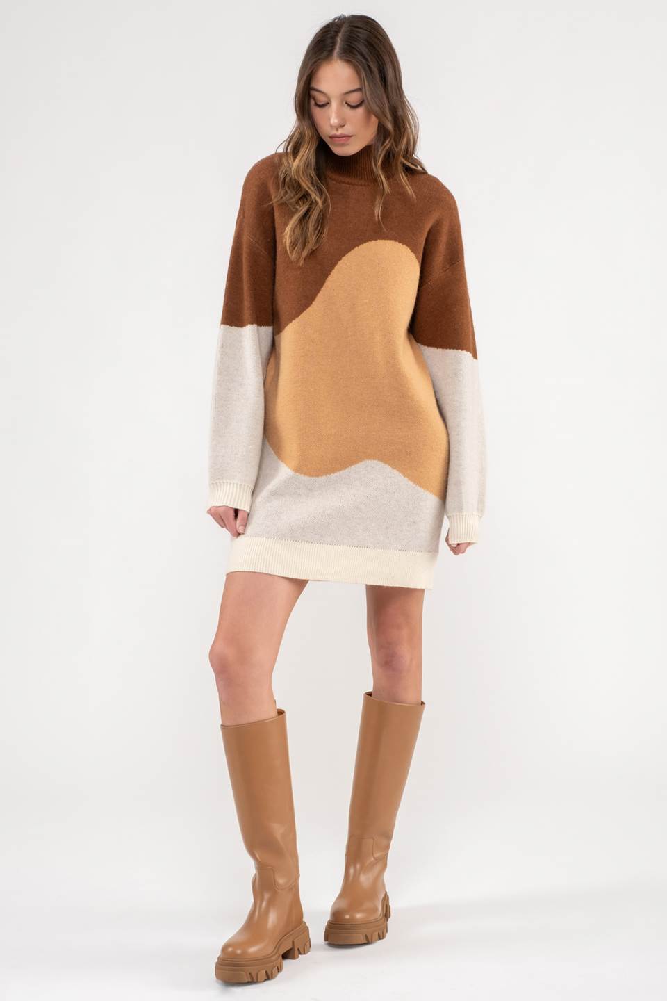 COLORBLOCK MOCK NECK KNIT SWEATER DRESS