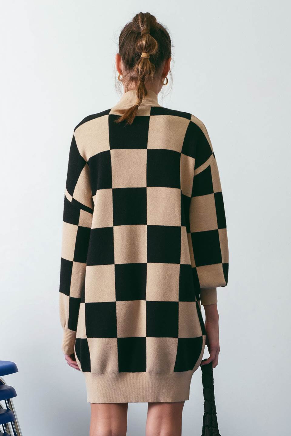 CHECKERED MOCK NECK SWEATER DRESS