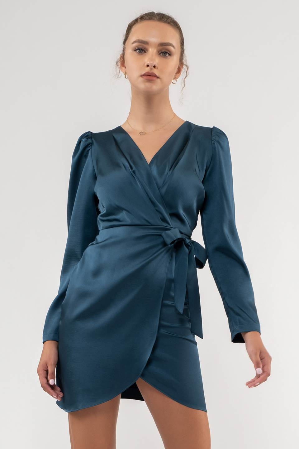 SOLID SATIN SURPLICE WRAP MINI DRESS (PRE-ORDER)
