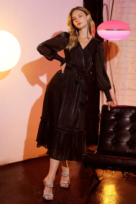 SURPLICE BELTED LONG SLEEVE MIDI DRESS (PRE-ORDER)