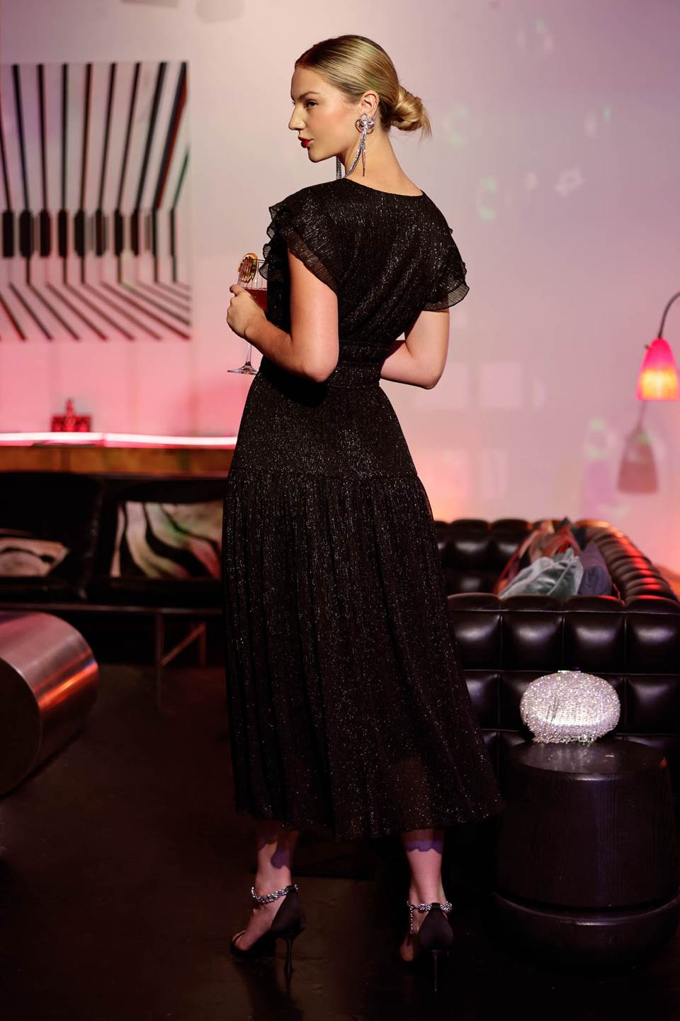 GLITTER RUFFLE SLEEVE TIERED MIDI DRESS