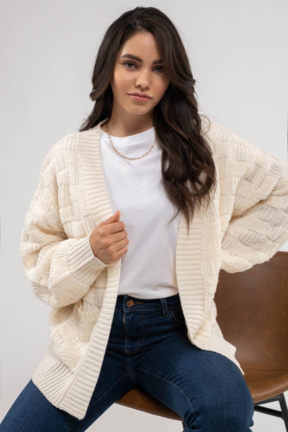 CHECKERED TEXTURED KNIT CARDIGAN